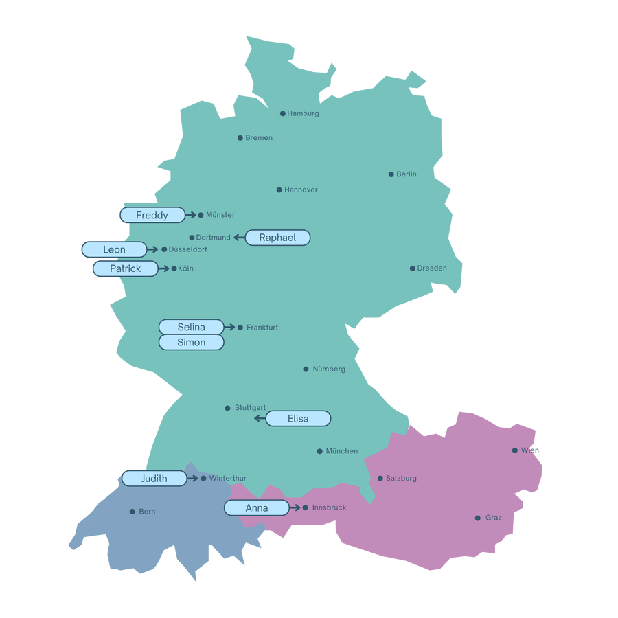 Karte von Deutschland, Österreich und der Schweiz mit den Standorten des OX-Teams