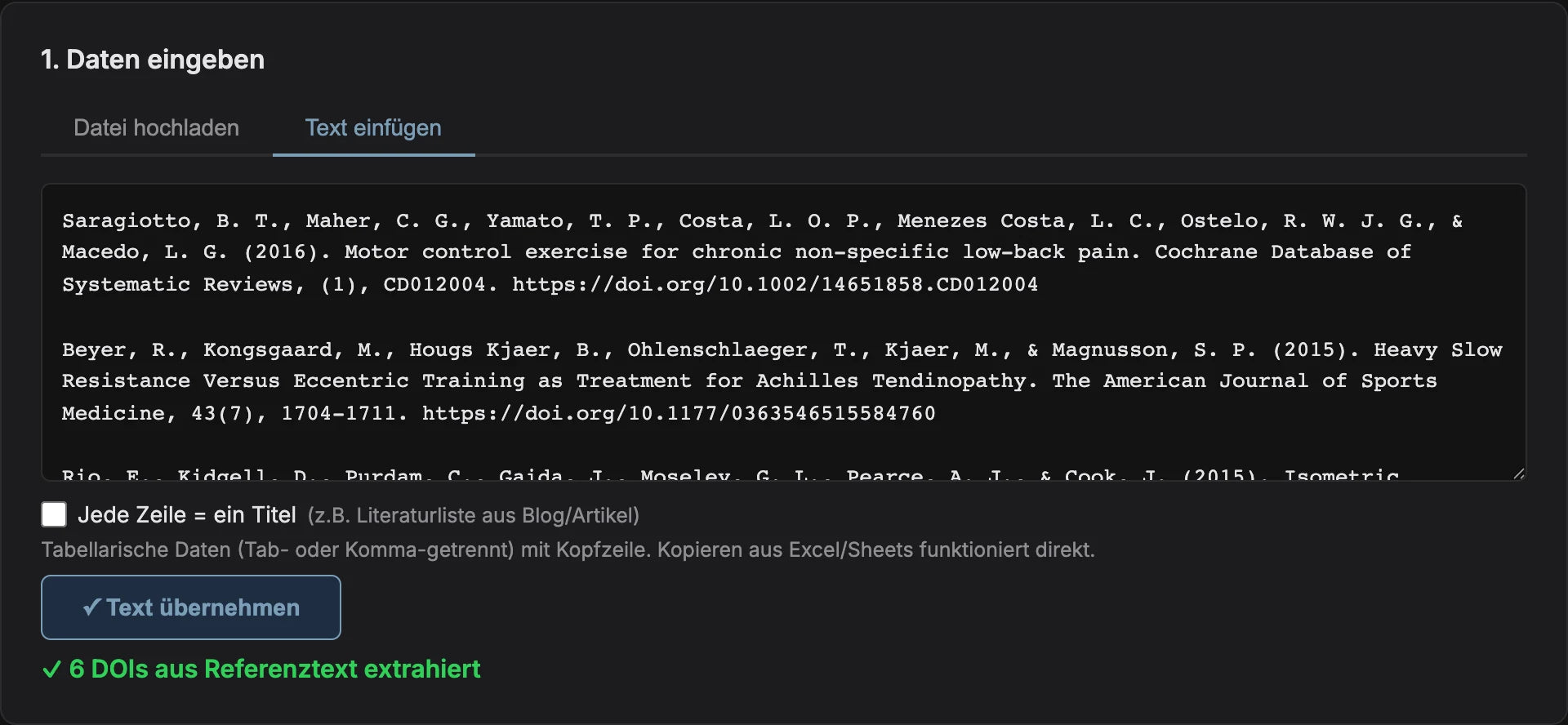 Eingabefeld von CiteMetrics mit eingefügtem Literaturverzeichnis und der Meldung, dass sechs DOIs erkannt wurden