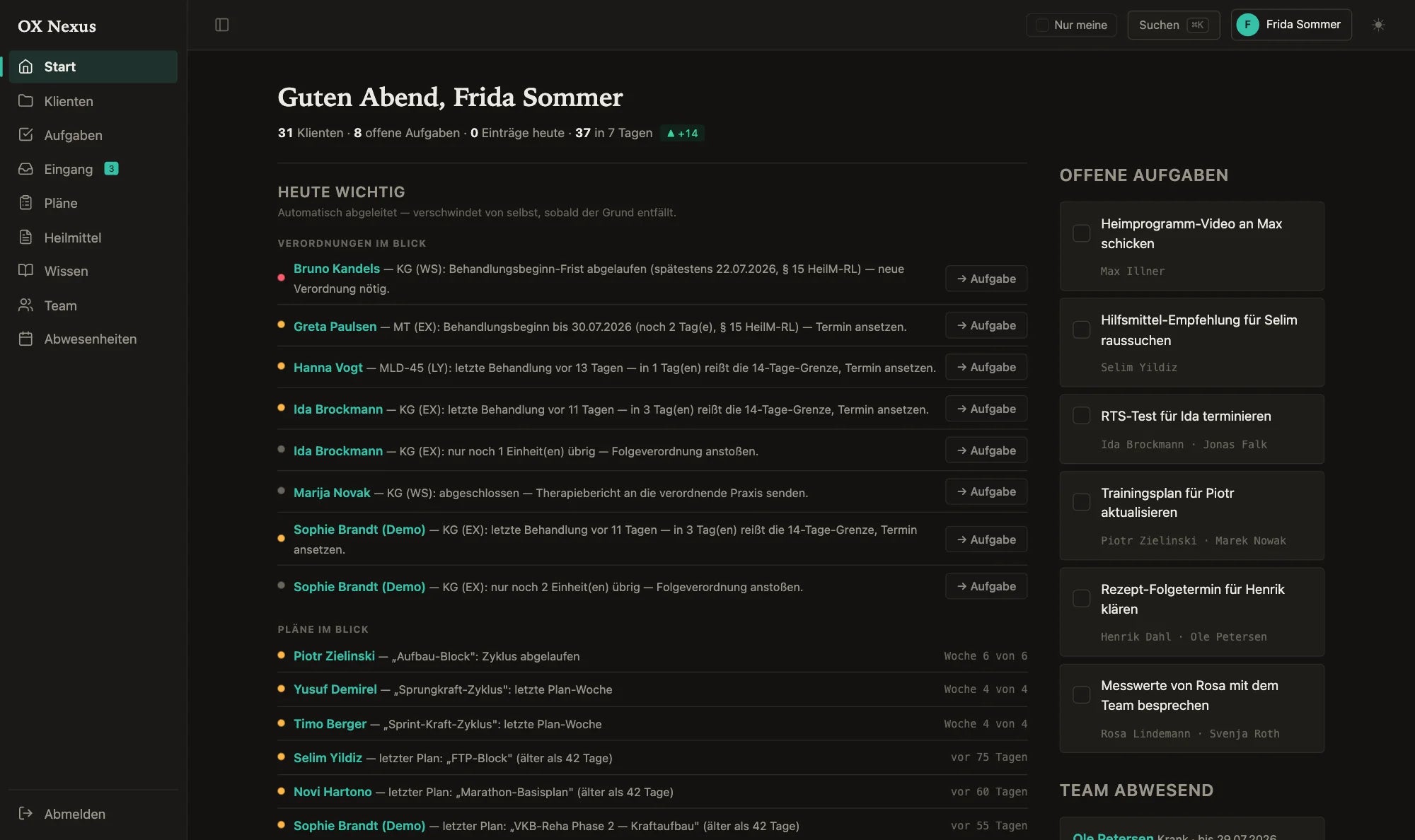 OX Nexus Dashboard: Heute wichtig mit Verordnungs-Fristen, offene Aufgaben, Wochen-Trend