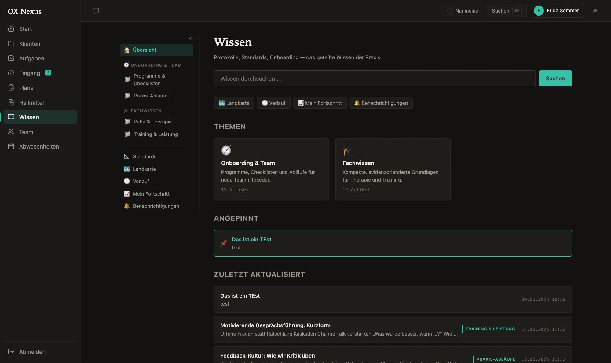 Wissensdatenbank in OX Nexus: Themen Onboarding und Fachwissen mit Artikeln